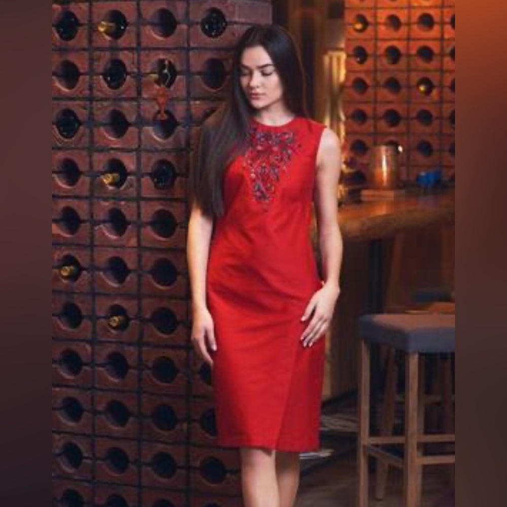 100% Silk Red Sleeveless Midi Dress with Beautiful Embroidered Accents,